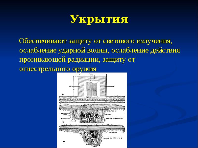 Защита от ударной волны взрыва. Средства защиты от ударной волны. Укрытие от ударной волны. Методы защиты от светового излучения. От ударной волны, светового излучения, проникающей радиации..