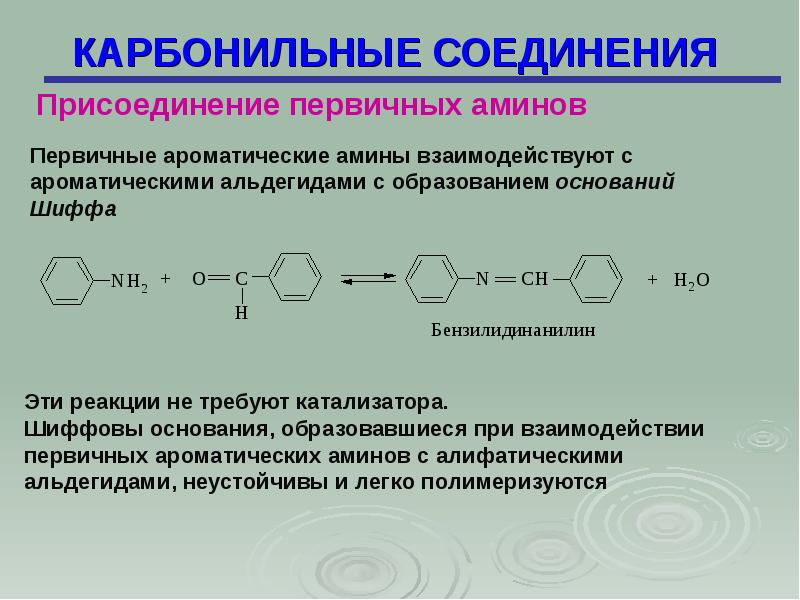 Первичные соединения. Реакция образования оснований Шиффа. Реакция образования оснований Шиффа из альдегидов. Амины с карбонильными соединениями. Основание Шиффа образуется при взаимодействии Аминов с.