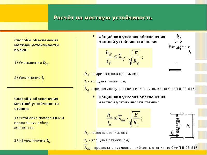 Проверка местной устойчивости поясов и стенки прокатных балок