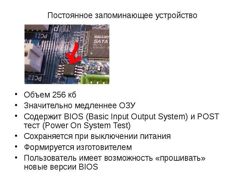 Постоянное запоминающее устройство Объем 256 кб Значительно медленнее ОЗУ Содержит BIOS (Basic Input