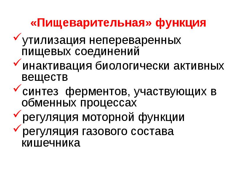   «Пищеварительная» функция
утилизация непереваренных пищевых соединений
инактивация биологически активных веществ 
синтез  ферментов, участвующих в обменных процессах
регуляция моторной функции 
регуляция газового состава кишечника 
