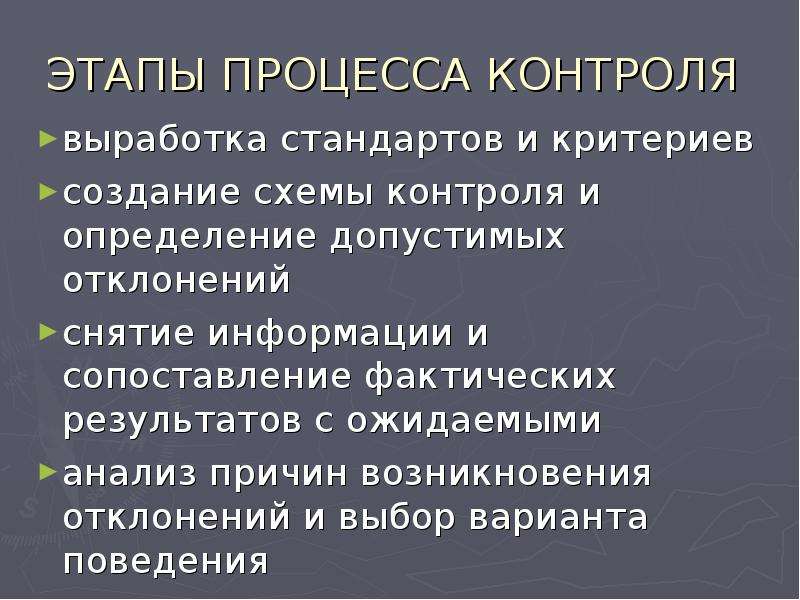 Функции под контроля. Выработка стандартов и критериев. Процесс сопоставления фактически допустимых результатов.