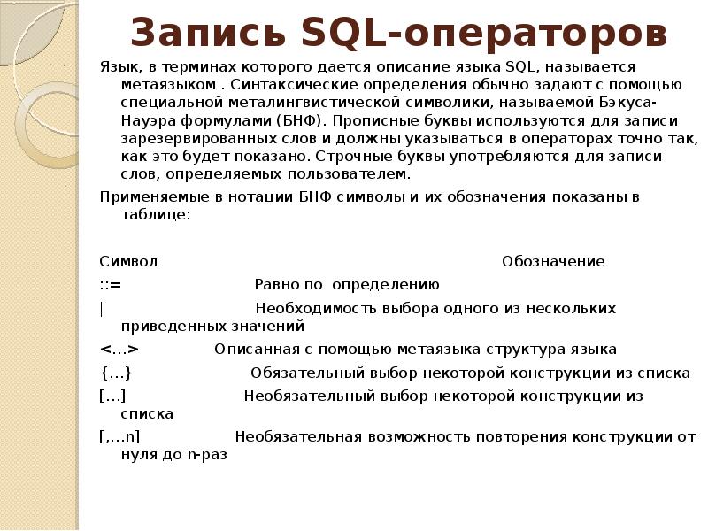 Документ описание языка. Символы в SQL. SQL обозначение. Операторы языка SQL. Язык структурированных запросов SQL.