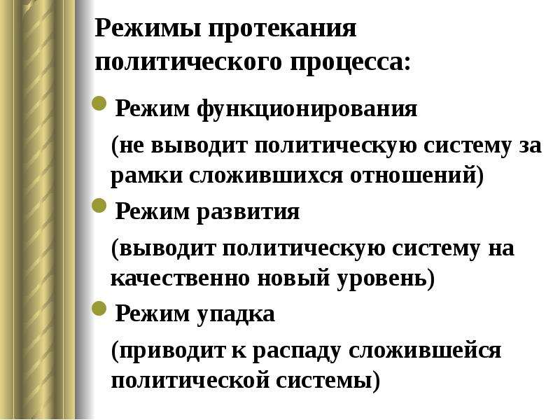 Режим процесса. Режимы протекания политических процессов это. Режимы существования политического процесса. Три режима протекания политических процессов. Режим функционирования политического процесса.