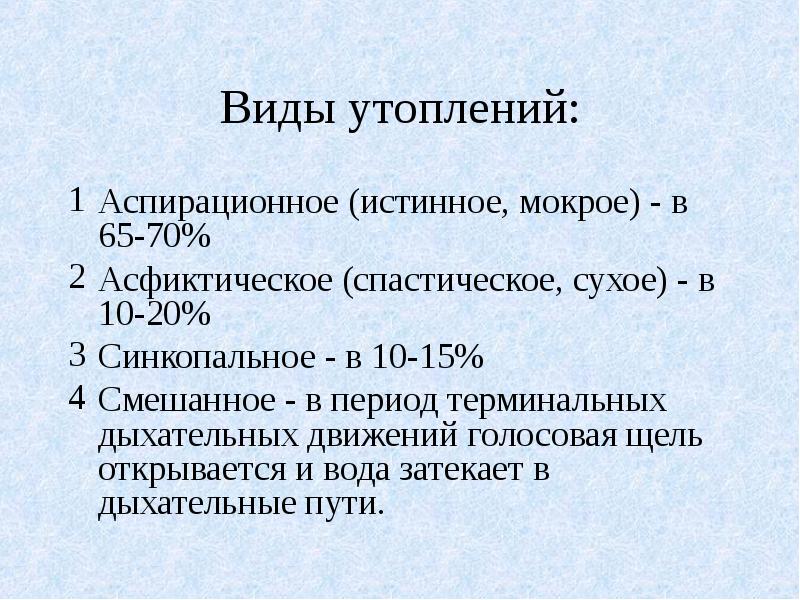 Истинное утопление. Виды утопления. Аспирационный вид утопления. Типы утопления в воде.