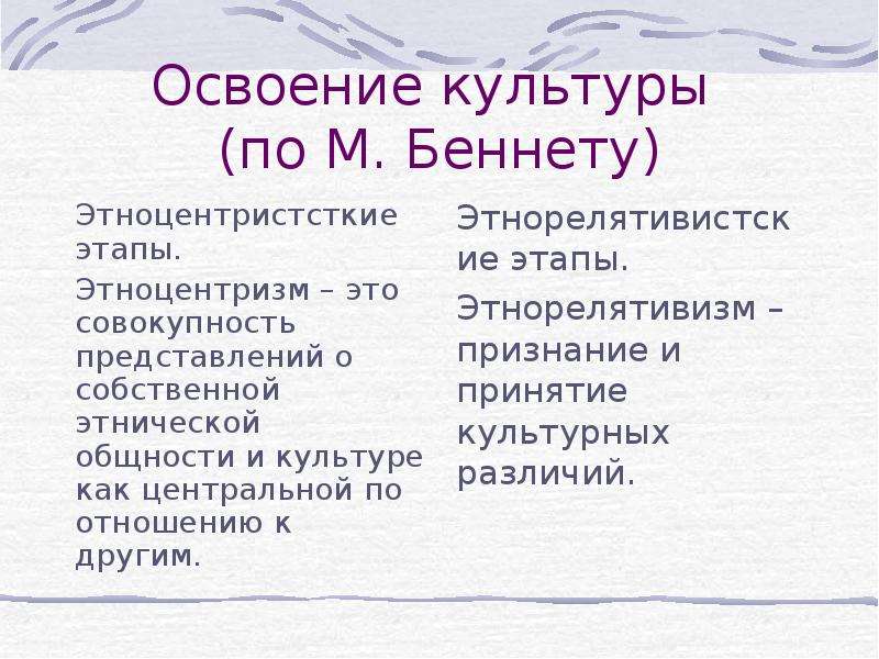 Освоение культуры. Этнорелятивизм. Этапы освоения культуры м.Беннета. Освоение культуры требует.