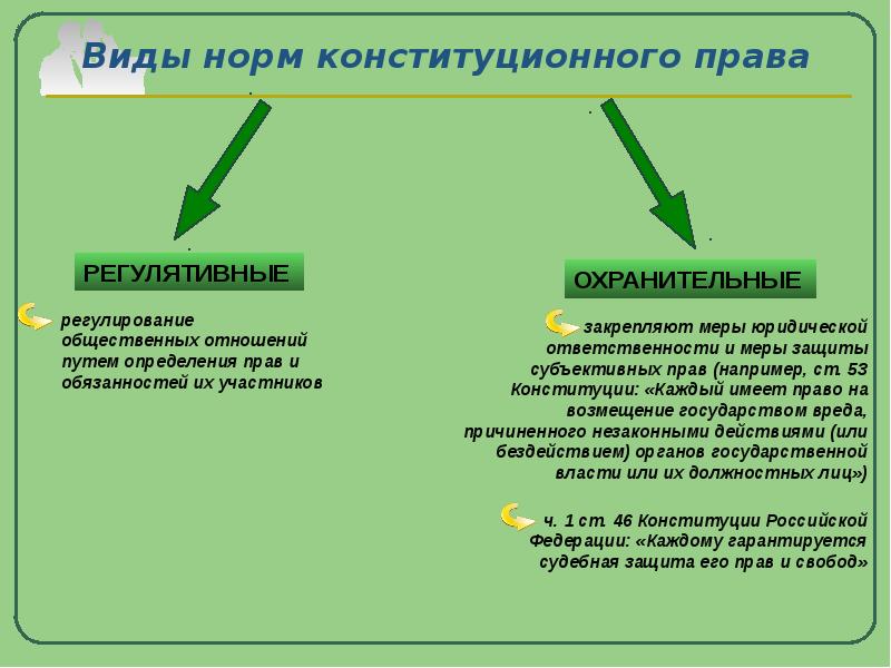 Какой вид нормативного. Регулятивные нормы в Конституции РФ. Примеры регулятивных и охранительных норм. Регулятивные и охранительные нормы конституционного права. Охранительные нормы примеры.