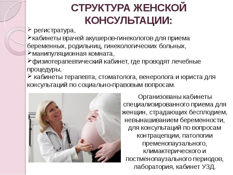 Консультация регистратура телефон. Структура женской консультации. Характеристика женской консультации. Женская консультация презентация. Структура женской консультации кабинеты.