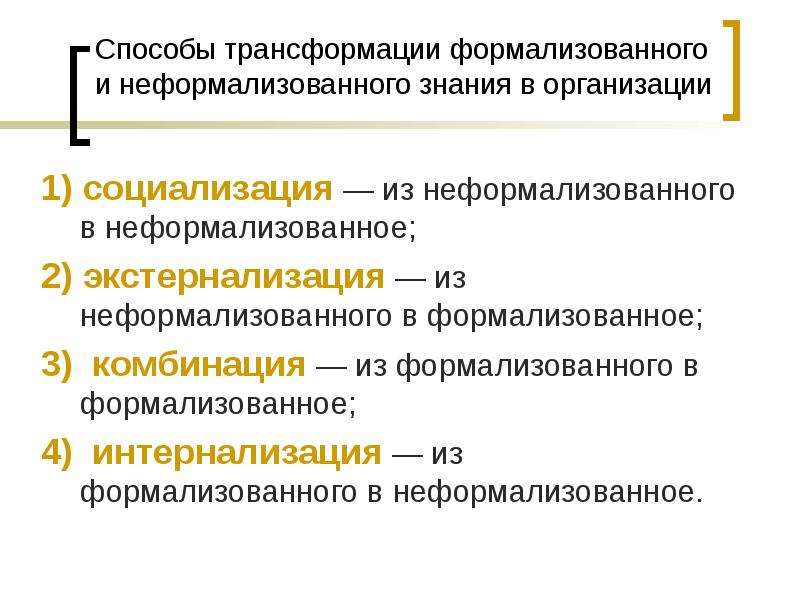 Преобразование знаний. Способы трансформации. • Метод трансформации (превращения). Трансформация знаний. Формализованные и неформализованные знания.