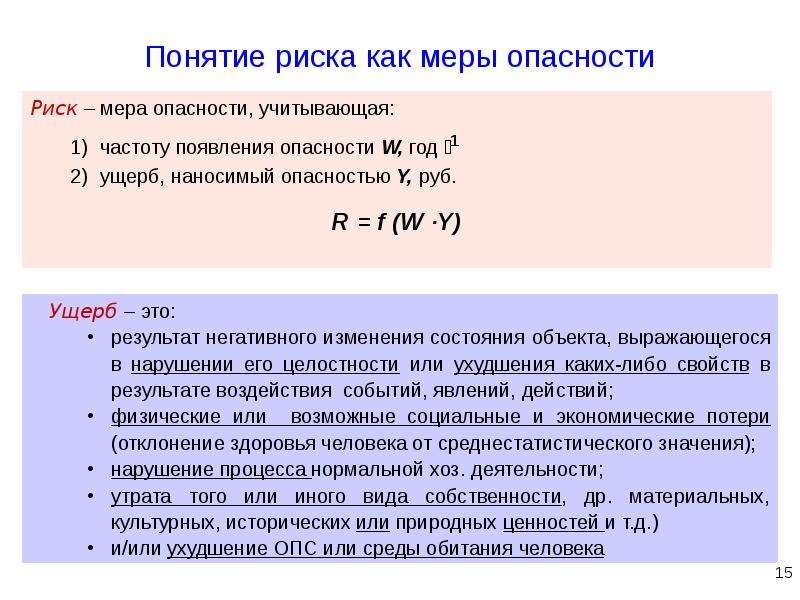 Мера риска. Понятие риска как меры опасности. Вероятность ущерба. Риск – это мера опасности, учитывающая….. Вероятность (частота) возникновения опасности.