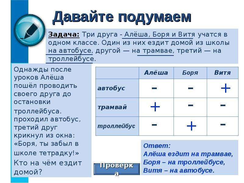 В один и из них. Три друга Алеша Боря и Витя. Представление информации в форме таблиц. Три друга алёша Боря и Витя учатся в одном. Табличная форма представления информации.