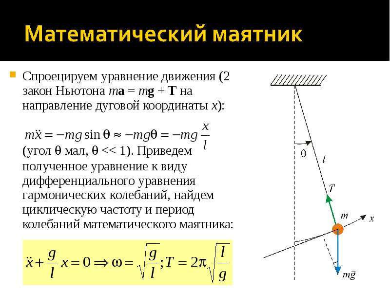 Закон изменения координат. Вывод уравнения малых колебаний математического маятника. Уравнение колебаний математического маятника вывод формулы. Формула малых колебаний математического маятника. Уравнение гармонических колебаний математического маятника формула.