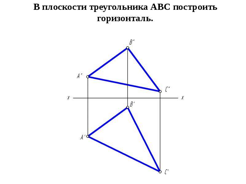 Прямоугольный треугольник на плоскости. Плоскость треугольника. Горизонталь в плоскости треугольника. Построить в плоскости треугольника горизонталь. Плоскость треугольника АВС.