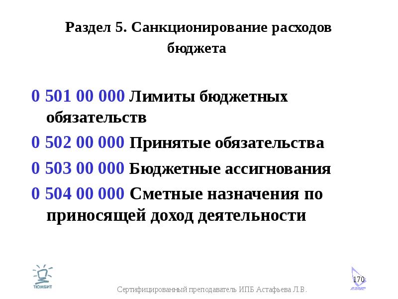 Раздел 5. Санкционирование расходов бюджета 0 501 00 000 Лимиты бюджетных обязательств 0 502 00 000