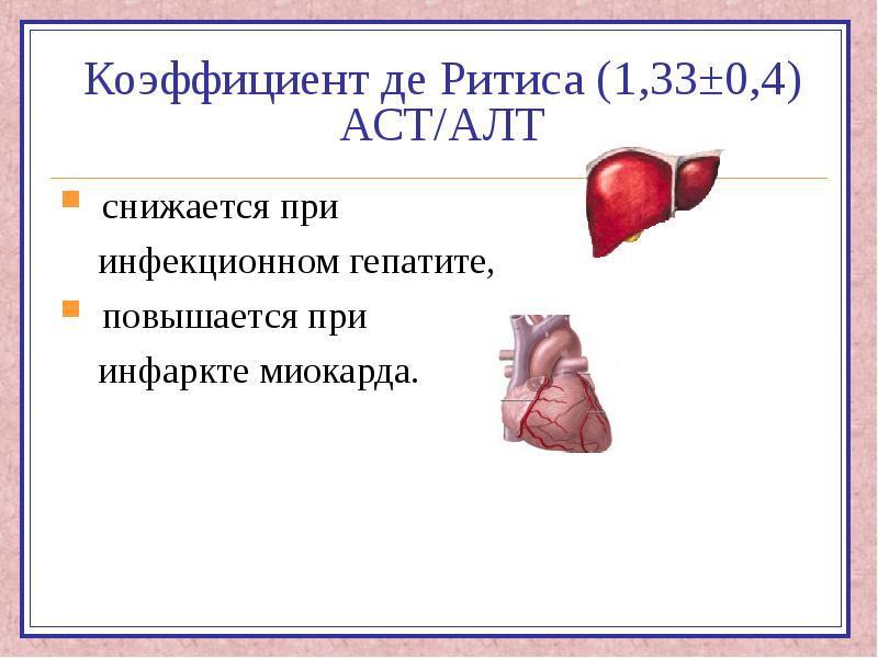 Формула аст алт. Коэффициент де Ритиса при инфаркте миокарда. Коэффициент де Ритиса 0,52. Коэффициент де Ритиса при заболеваниях печени. Коэффициент де Ритиса 1.8.