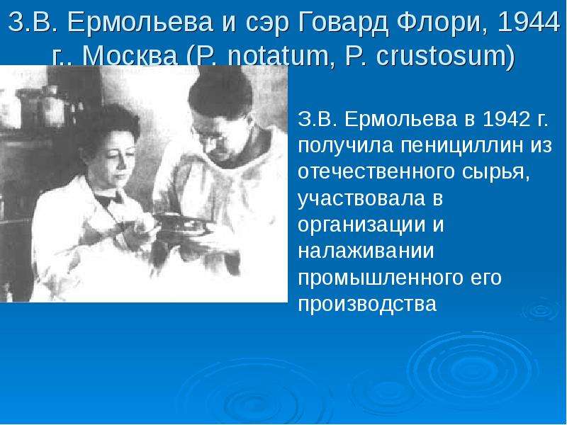 Микробиолог з в ермольева в 1942 г получила из отечественного сырья первые в ссср образцы