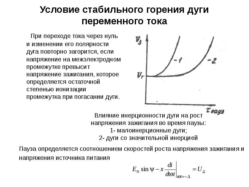 Стабильные условия. Условия стабильного горения дуги. Напряжение горения дуги зажигания. Устойчивость горения дуги. Ток сварочной дуги переменного тока.