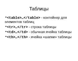 Таблицы … - контейнер для элементов таблиц