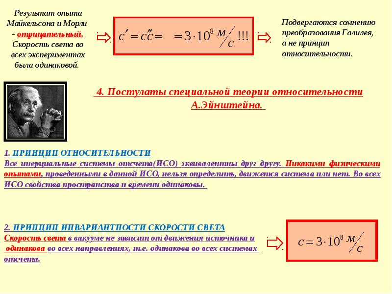 Инвариантность модуля скорости света в вакууме постулаты эйнштейна презентация