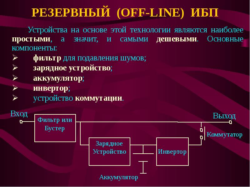 Достоинством источников бесперебойного питания построенных по резервной схеме off line является