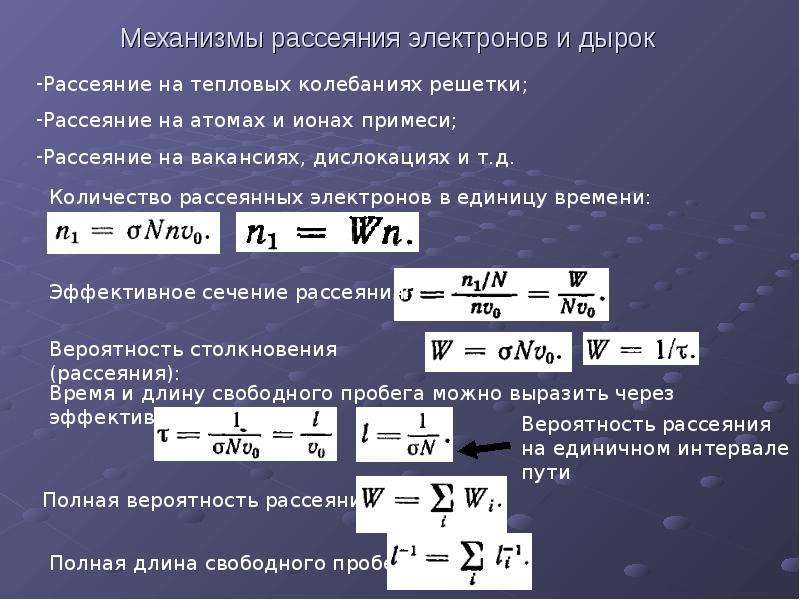 Рассеяние электронов. Механизмы рассеивания электронов. Механизмы рассеяния. Механизмы рассеивания электронов и дырок.