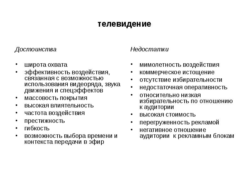 Плюсы телевидения. Преимущества и недостатки телевидения. Достоинства и недостатки телевизионной рекламы. Достоинства и недостатки ТВ рекламы. Недостатки телевизионной рекламы.