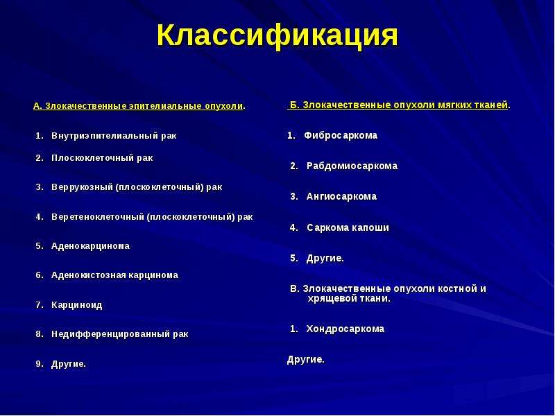   Классификация  А. Злокачественные эпителиальные опухоли.  1.   Внутриэпителиальный рак  2.   Плоскоклеточный рак  3.   Веррукозный (плоскоклеточный) рак  4.   Веретеноклеточный (плоскоклеточный) рак  5.   Аденокарцинома  6.   Аденокистозная карцинома  7.   Карциноид  8.   Недифференцированный рак  9.   Другие. 
