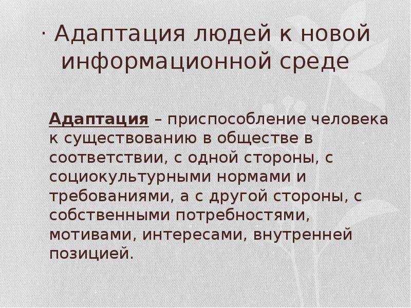 Социокультурные нормы. Адаптация человека в обществе. Адаптация человека к информационной среде. Роль информатизации в современном обществе. Адаптация человека в современном информационном обществе.