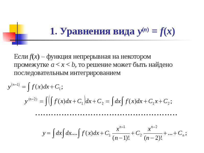 Y n f y n 1. Уравнения вида y n f x. Уравнение вида f x y =0. Дифференциальное уравнение вида f x /y. Уравнения вида y' f(y/x).