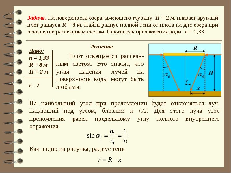 Н видна. Тень от плота. На поверхности озера находится круг. На поверхности воды плавает плот радиус которого. На поверхности озера находится круглый плот.