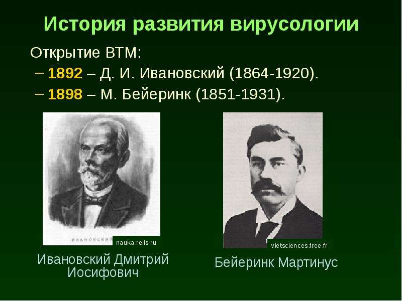 Основоположник вирусологии. История открытия вирусологии. 1892; 1898 Д. И. Ивановский, м. Бейеринк. История развития вирусологии кратко. Этапы развития вирусологии.