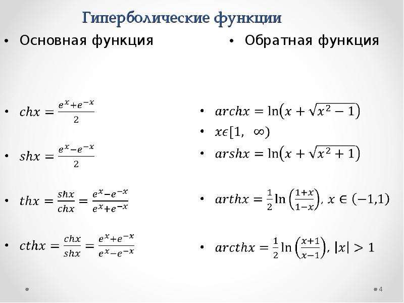 Гиперболический косинус. Разложение гиперболического синуса. Гиперболические тригонометрические функции. Тригонометрические формулы гиперболических функций. Гиперболические функции тождества.