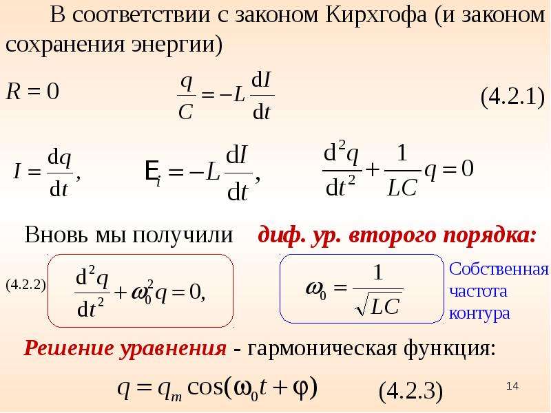 Электрические колебания уравнение колебательного контура. Электрические колебания формулы. Дифференциальное уравнение контура. Собственная частота контура. Уравнение свободных электрических колебаний в контуре.