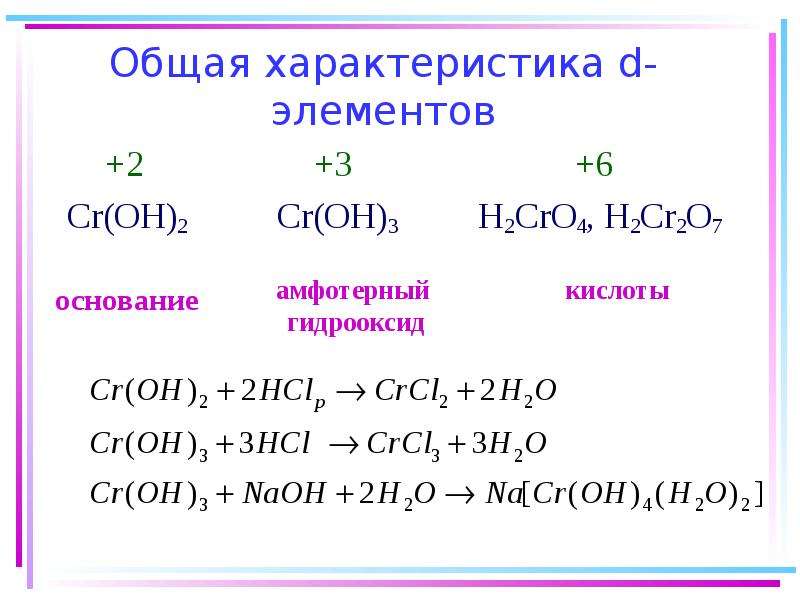 Общая характеристика d элементов. CR(+3) + 3oh(-) --> CR(Oh)3. CR(Oh)3. H2cro4.
