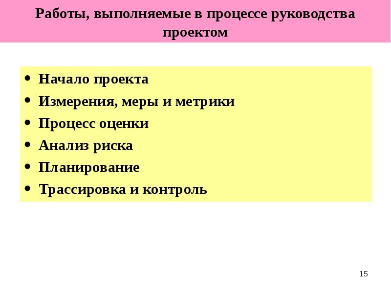 
Работы, выполняемые в процессе руководства проектом
Начало проекта
Измерения, меры и метрики
Процесс оценки
Анализ риска
Планирование
Трассировка и контроль
