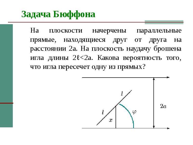 Расположены друг от друга на. Задача Бюффона. Задача Бюффона решение. Постановка задачи Бюффона. Задача Бюффона о бросании иглы решение.