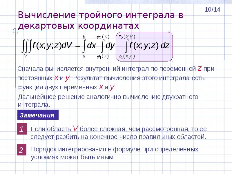 Вычисление в декартовой системе. Тройной интеграл в декартовой системе координат. Вычисление тройного интеграла в декартовых координатах. Способ вычисления тройного интеграла. Формула вычисления тройного интеграла.