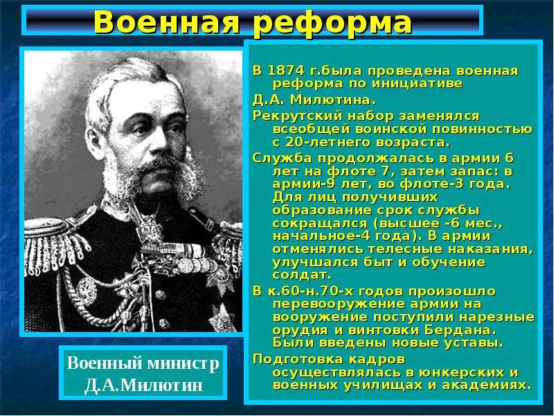 Реформы на кубани в 19 веке. Реформа Милютина 1874. Д А Милютин Военная реформа. Военная реформа 1874. Военная реформа второй половины XIX века.