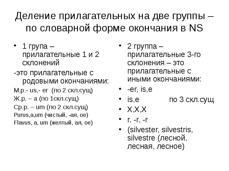 Деление прилагательных на две группы – по словарной форме окончания в NS 1 група – прилагательные 1