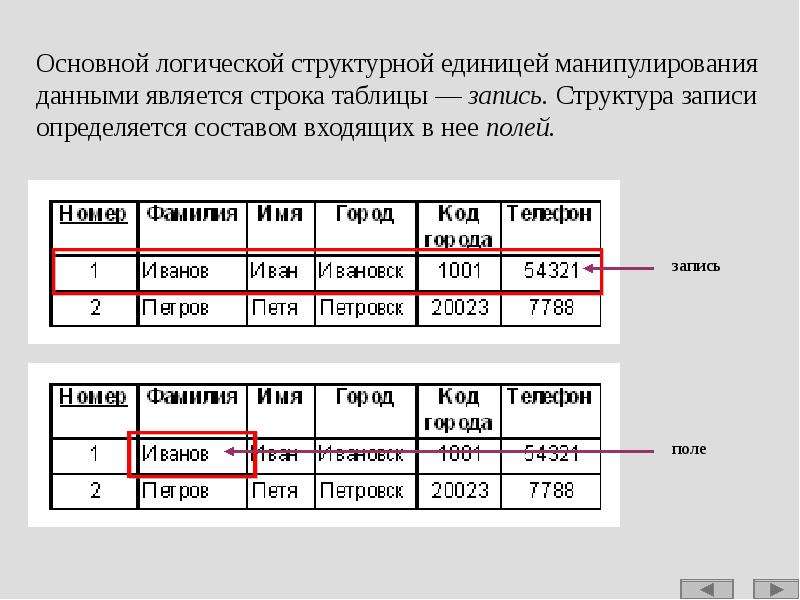 Последняя запись в таблицу. Структура записи. Структурные единицы базы данных. Минимальная структурная единица таблицы. Описания структуры записей таблицы.