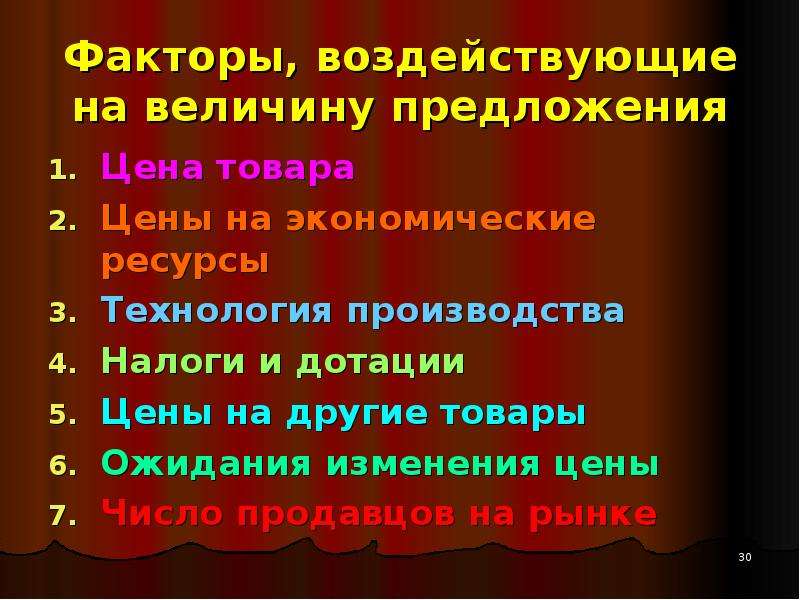 Факторы влияющие на величину. Факторы величины предложения. Факторы влияющие на величину стоимости товара.