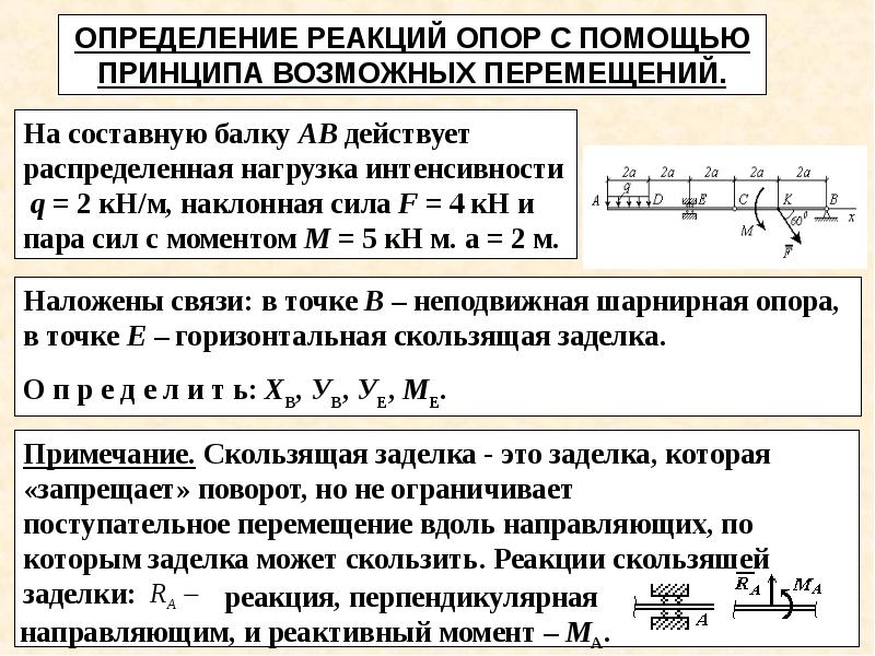 Принцип возможных перемещений. Скользящая заделка теоретическая механика. Реакции в скользящей заделке. Определение реакции заделки. Момент в заделке.