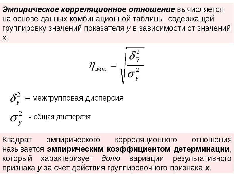 Корреляционное отношение. Теоретическое корреляционное отношение формула. Эмпирический коэффициент детерминации формула. Коэффициент детерминации и эмпирическое корреляционное отношение. Корреляционное отношение и коэффициент корреляции.