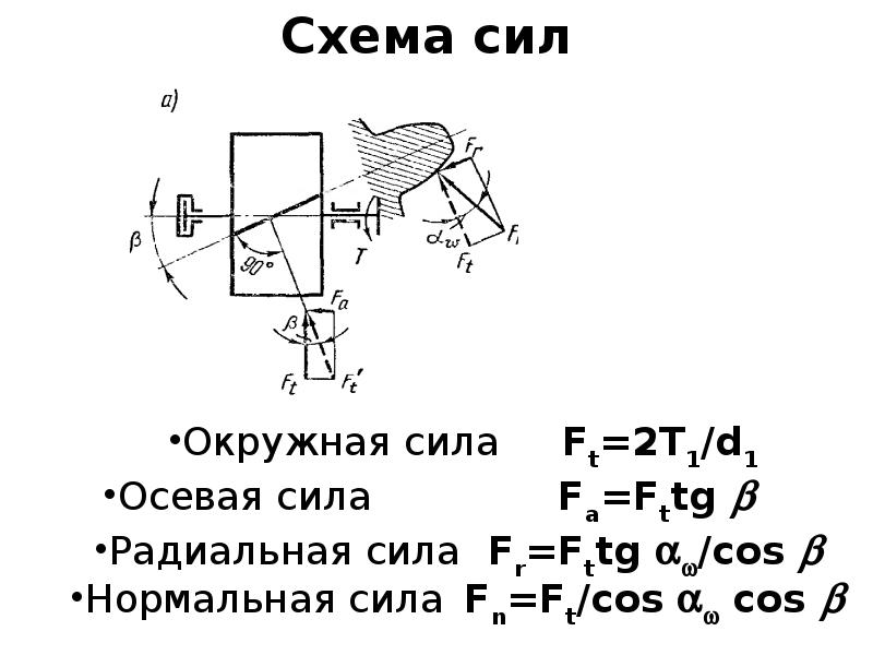 Схема сил в зацеплении косозубой цилиндрической передачи