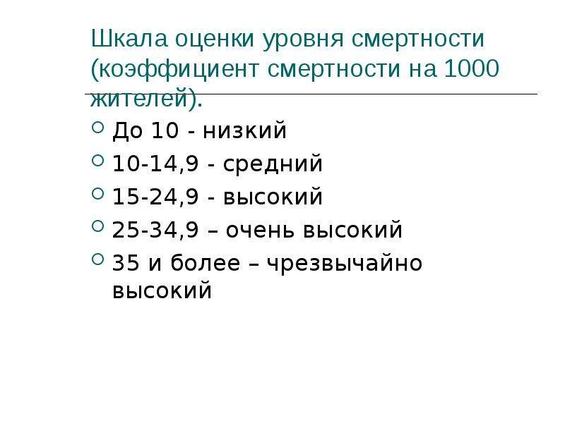 Средний 15. Шкала оценки смертности. Оценка общего коэффициента смертности. Шкала оценки общего коэффициента смертности. Схема оценки общего уровня смертности.