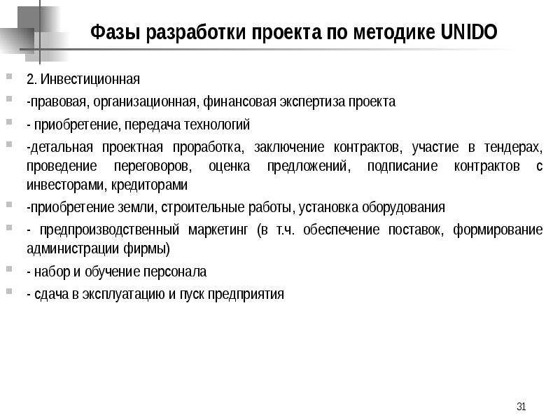 Правовые аспекты инвестирования 2024. Фазы разработки по. Методика Unido. Детальная проработка. Организационно финансовый аспект это.