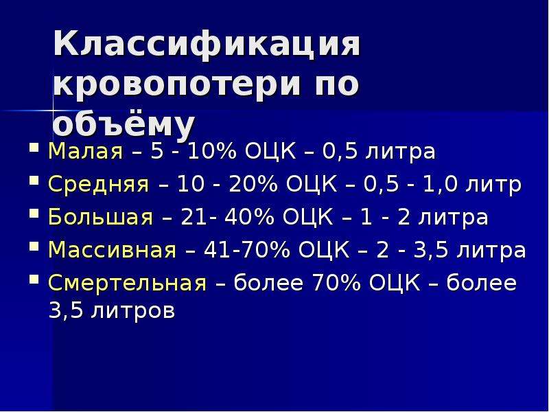 Кровопотеря. Массивная кровопотеря 40 % ОЦК. Классификация кровопотери. Показатели ОЦК. Объем кровопотери.