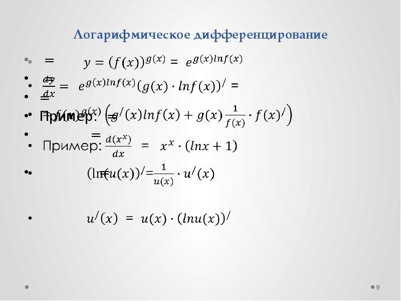 Производная натурального. Логарифмическое дифференцировани. Производные методом логарифмирования. Вычисление производной методом логарифмирования. Логарифмическое дифференцирование (схема, когда используется).