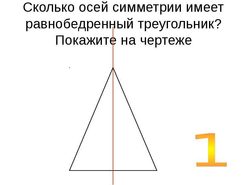 Равнобедренный треугольник имеет три оси симметрии верно. Ось симметрии треугольника 2 класс. Равнобедренный треугольник и его оси симметрии. Ось симметрии равнобедренного треугольника. Равнобедренный треугольник имеет 1 ось симметрии.