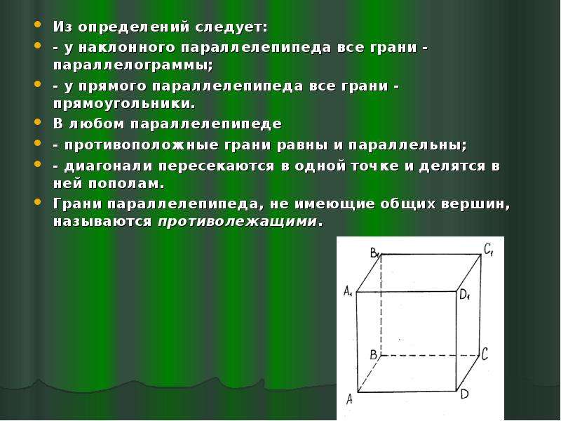 Противоположные грани параллелепипеда. Диагональное сечение прямоугольного параллелепипеда. Противоположные вершины параллелепипеда. Диагонали параллелепипеда параллельны.